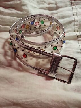 Y2K Silvery Leather Trim Studded Vinyl Plastic Belt With Multi-gemstones